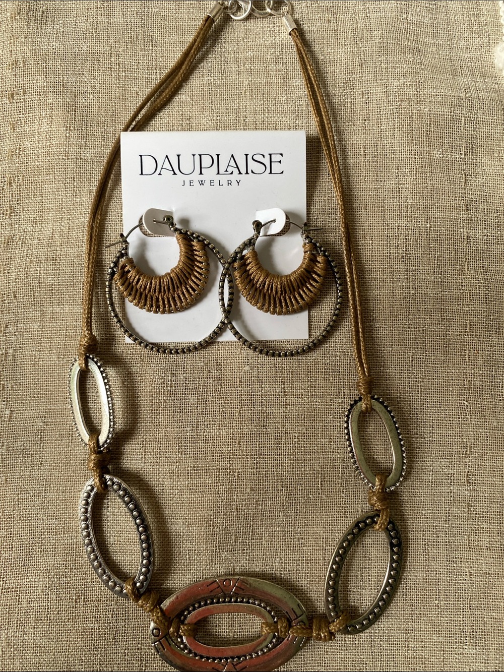 Western Cowgirl Brown & Silver Oval Necklace & Hoop Earring Set